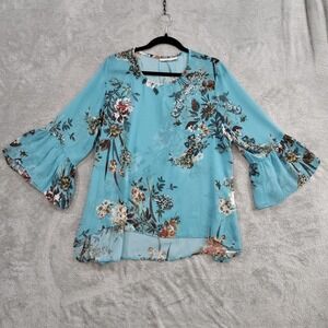 Bryn Walker Women's XL Turquoise Floral Sheer Fran Top Ruffle Bell‎ Sleeve